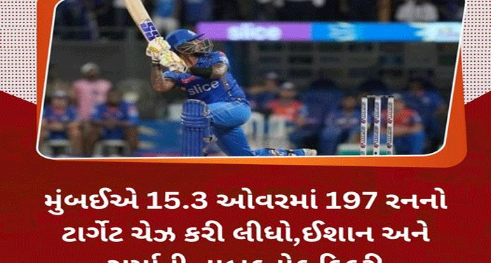 મુંબઈએ 15.3 ઓવરમાં 197 રનનો ટાર્ગેટ ચેઝ કરી લીધો,ઈશાન અને સૂર્યાની તાબડતોડ ફિફ્ટી…