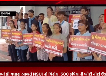 જૂનાગઢ GMERS મેડિકલ કોલેજમાં ફી વધારા બાબતે NSUI નો વિરોધ, 500 રૂપિયાની ખોટી નોટો ઉડાવી કરવામાં આવ્યો વિરોધ, સરકાર સત્વરે નિરાકરણ લાવે તેવી માંગ કરાઇ. ફી વધારો પાછો ખેંચોના નારા લગાવાયા.