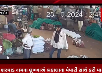રાજકોટના જૂના માર્કેટિંગ યાર્ડમાં બકાલું મને પહેલા આપવાનું કહી આંબા ભરવાડ નામના લુખ્ખાએ બકાલાના વેપારી સાથે કરી મારામારી,લુખ્ખા દ્વારા વેપારી સાથે કરવામાં આવેલ મારામારીની ઘટના થઈ CCTV કૅમેરામાં કેદ.