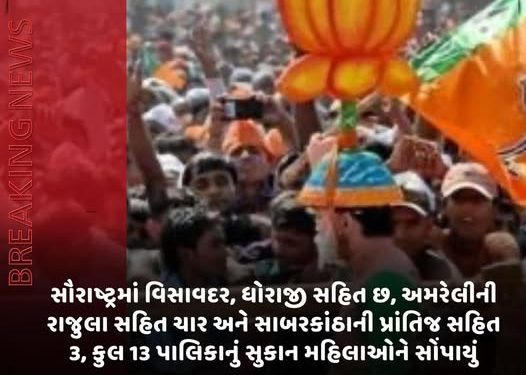 સૌરાષ્ટ્રમાં વિસાવદર, ધોરાજી સહિત છ, અમરેલીની રાજુલા સહિત ચાર અને સાબરકાંઠાની પ્રાંતિજ સહિત ૩, કુલ 13 પાલિકાનું સુકાન મહિલાઓને સોંપાયું