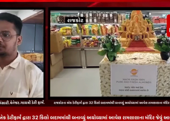 રામનવમીના પર્વને હવે ગણતરીની કલાકો બાકી છે ત્યારે રાજકોટના એક ડેરીફાર્મ દ્વારા 32 કિલો બદામમાંથી બનાવ્યું અયોધ્યામાં આવેલ રામલાલાના મંદિર જેવું આબેહૂબ મંદિર