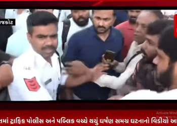 આજે સવારે રાજકોટના ઇન્દિરા સર્કલ પાસે થયેલા અકસ્માતમાં ટ્રાફિક પોલીસ અને પબ્લિક વચ્ચે થયું ઘર્ષણ સમગ્ર ઘટનાનો વિડીયો આવ્યો સામે