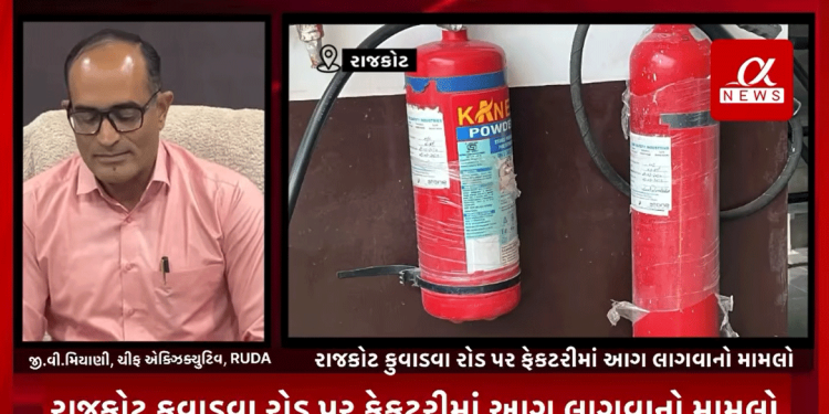 રાજકોટ કુવાડવા રોડ પર ફેકટરીમાં આગ લાગવાનો મામલો,RUDAના ચીફ એક્ઝિક્યુટિવ જી.વી.મિયાણીનું નિવેદન,2007માં ઔધોગિક એકમો માટે પ્લોટનો રૂડામાંથી લે-આઉટ મંજુર કરાવેલ હતી,બાંધકામની મંજૂરી કે NOC મેળવવા માટેની કોઈ પ્રક્રિયા કરવામાં આવી નથી,RUDAના અધિકારીએ સ્વીકાર્યું કે અમારા અધિકારીઓએ નિયમિત ચેકીંગ કર્યું નથી તેનું પરિણામ,ગેરકાયદેસર બાંધકામ અંગે કાર્યવાહી કરવામાં આવશે,ફેકટરી ઇન્સ્પેકટર સાથે કોઈ ચર્ચા કરવામાં આવી નથી,પોલીસ ફરિયાદ કર