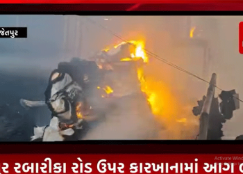 જેતપુર રબારીકા રોડ ઉપર કારખાનામાં આગ લાગી.